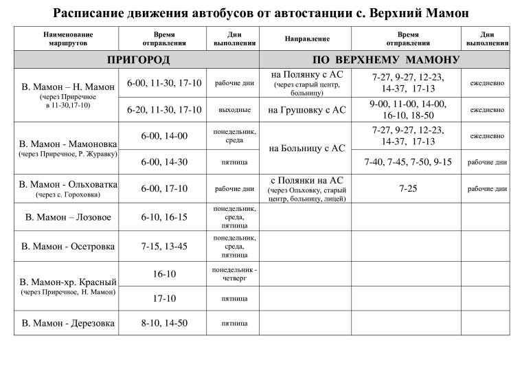 Расписание движения автобусов от автостанции с. Верхний Мамон..